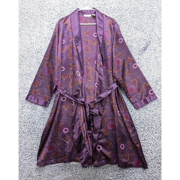 Chanteuse Satin Robe Size 2X Floral Silky 70s Flower Retro Colorful Tie Purple - Picture 1 of 9